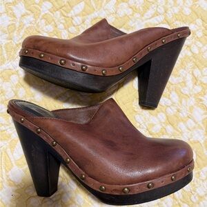True Religion Brown Leather Mules with Studded Detail and shearling linning